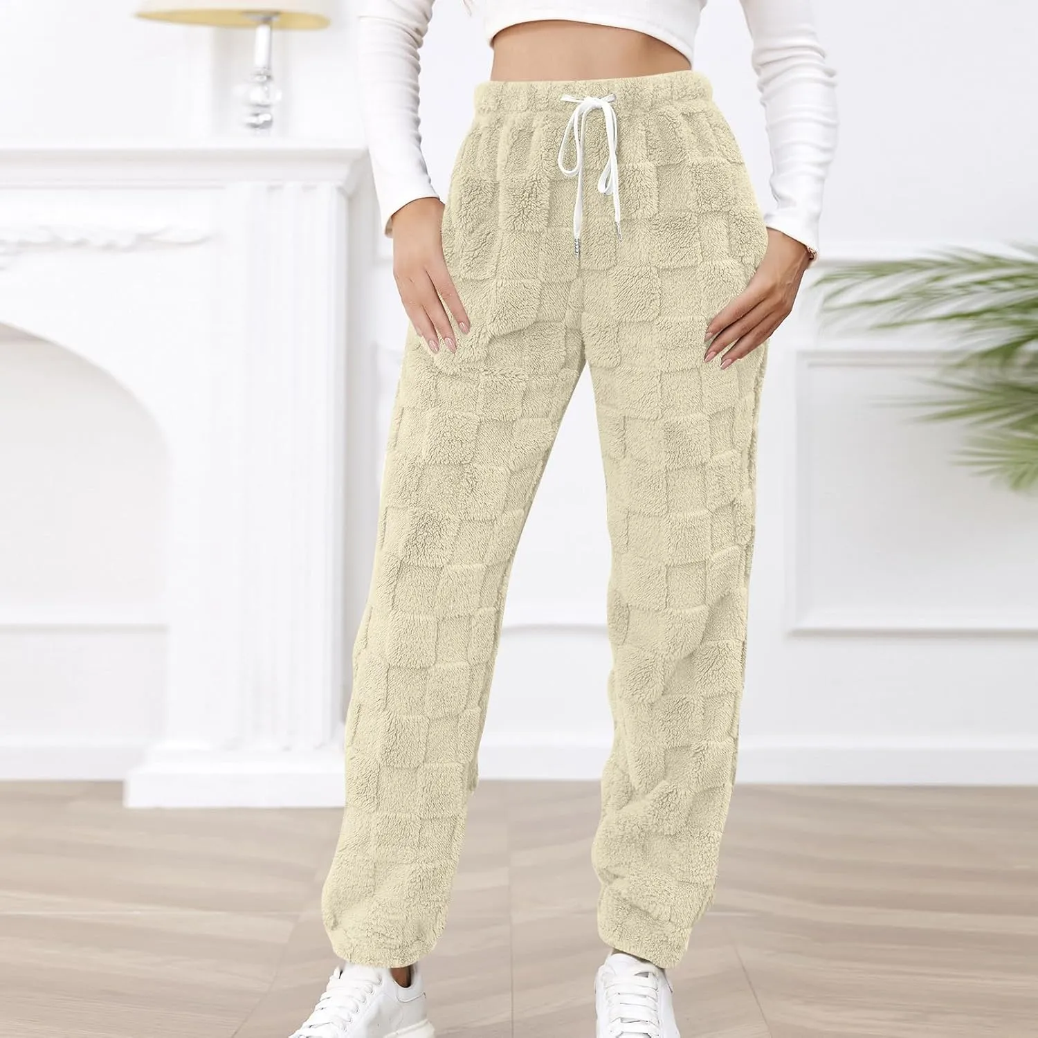 Fuzzy Fluffy Thermal Fleece Pants for Women Lounge Sleepwear Plaid Pajama Pants with Pocket Casual Soft Pants
