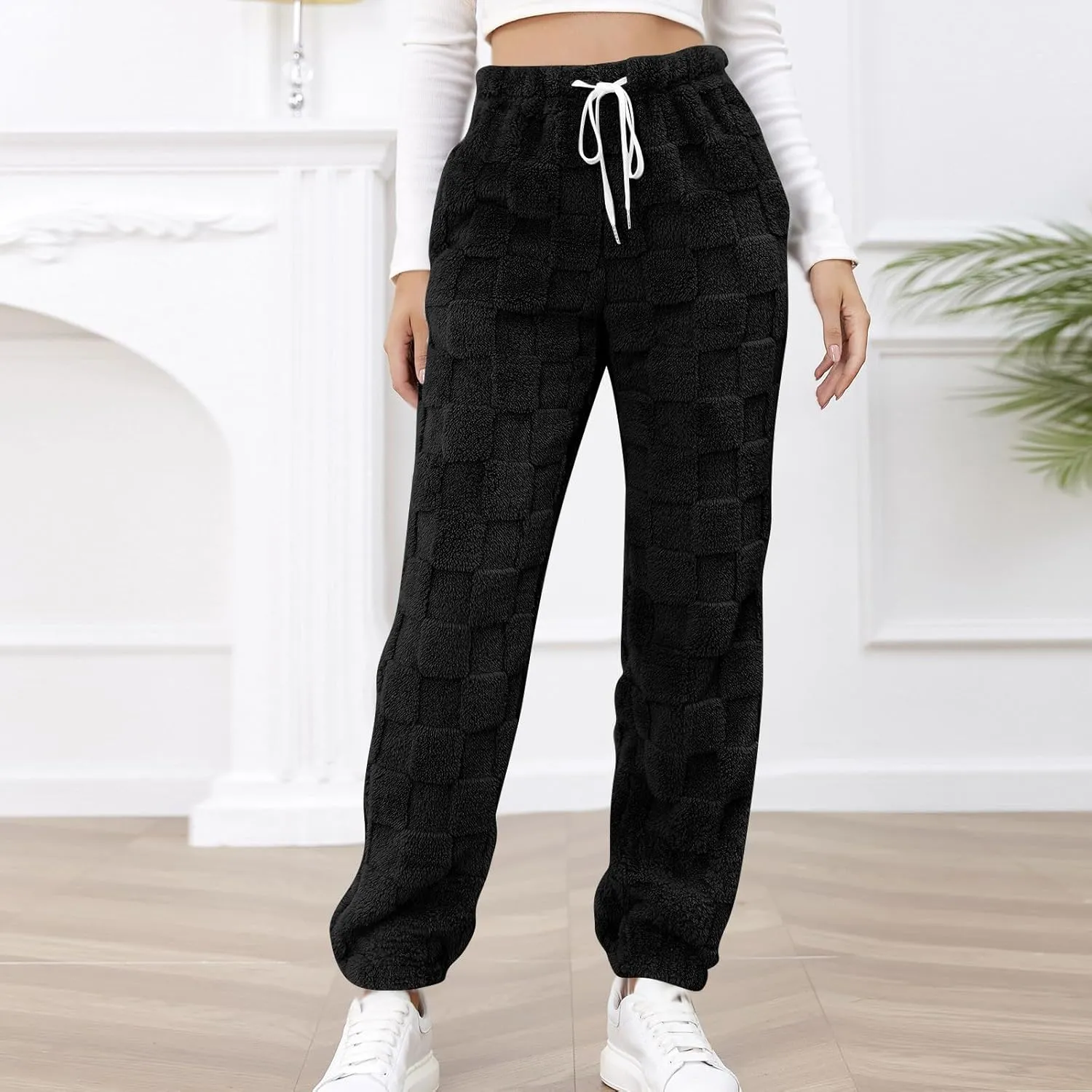 Fuzzy Fluffy Thermal Fleece Pants for Women Lounge Sleepwear Plaid Pajama Pants with Pocket Casual Soft Pants