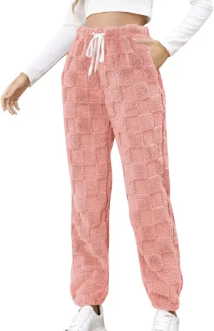 Fuzzy Fluffy Thermal Fleece Pants for Women Lounge Sleepwear Plaid Pajama Pants with Pocket Casual Soft Pants