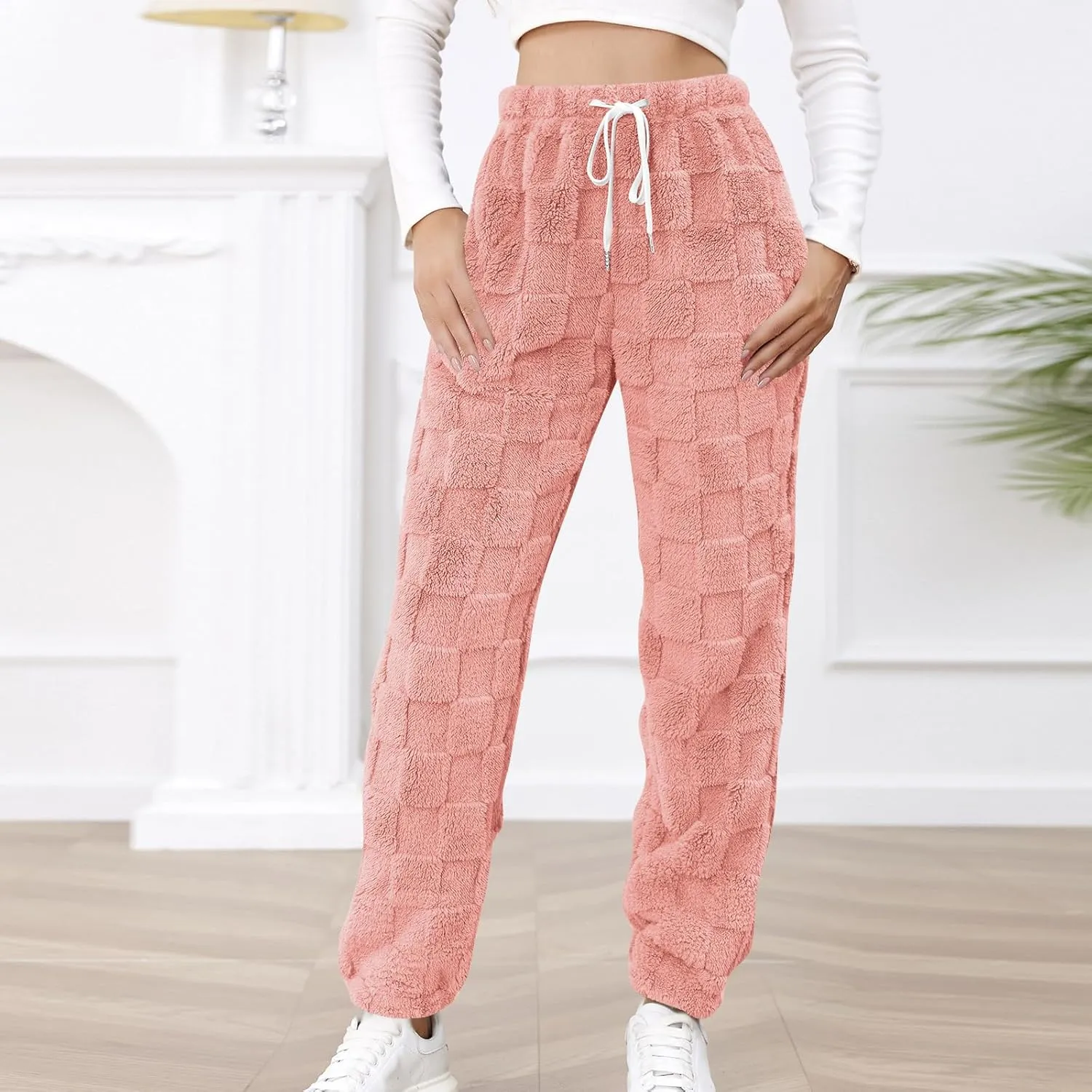 Fuzzy Fluffy Thermal Fleece Pants for Women Lounge Sleepwear Plaid Pajama Pants with Pocket Casual Soft Pants