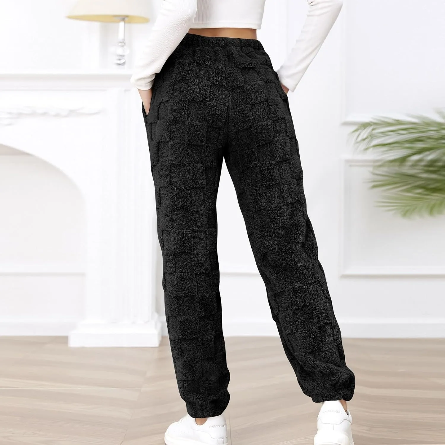 Fuzzy Fluffy Thermal Fleece Pants for Women Lounge Sleepwear Plaid Pajama Pants with Pocket Casual Soft Pants