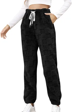 Fuzzy Fluffy Thermal Fleece Pants for Women Lounge Sleepwear Plaid Pajama Pants with Pocket Casual Soft Pants