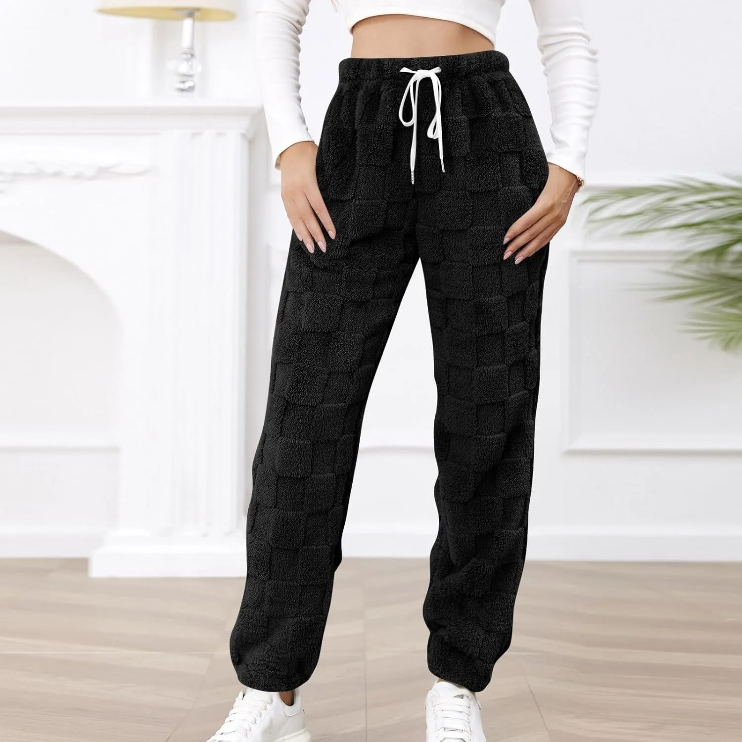 Fuzzy Fluffy Thermal Fleece Pants for Women Lounge Sleepwear Plaid Pajama Pants with Pocket Casual Soft Pants