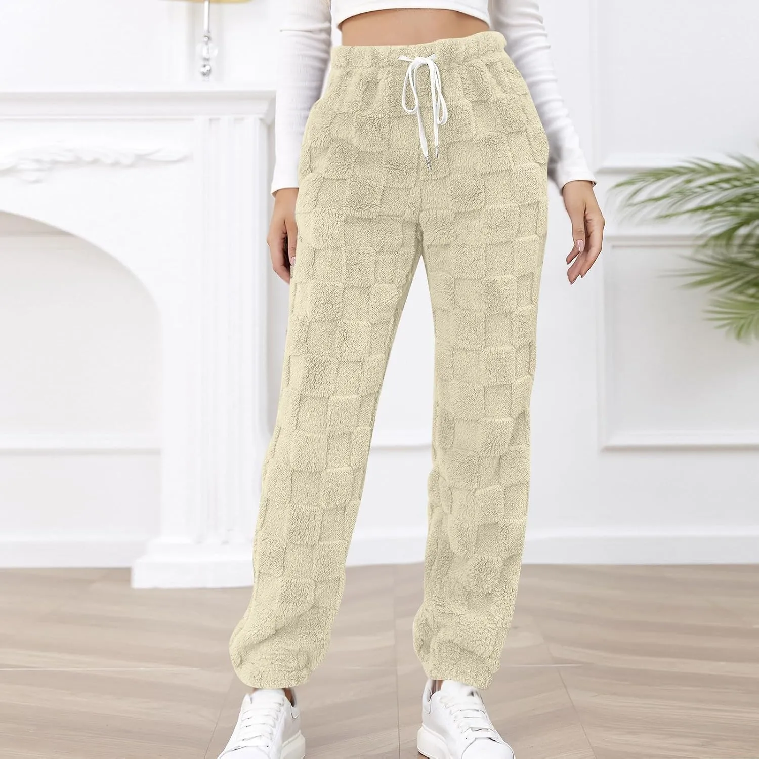 Fuzzy Fluffy Thermal Fleece Pants for Women Lounge Sleepwear Plaid Pajama Pants with Pocket Casual Soft Pants