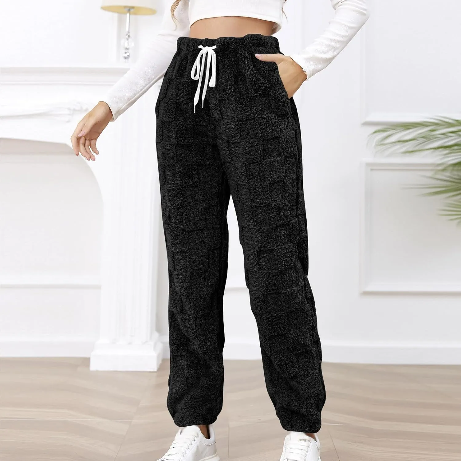 Fuzzy Fluffy Thermal Fleece Pants for Women Lounge Sleepwear Plaid Pajama Pants with Pocket Casual Soft Pants