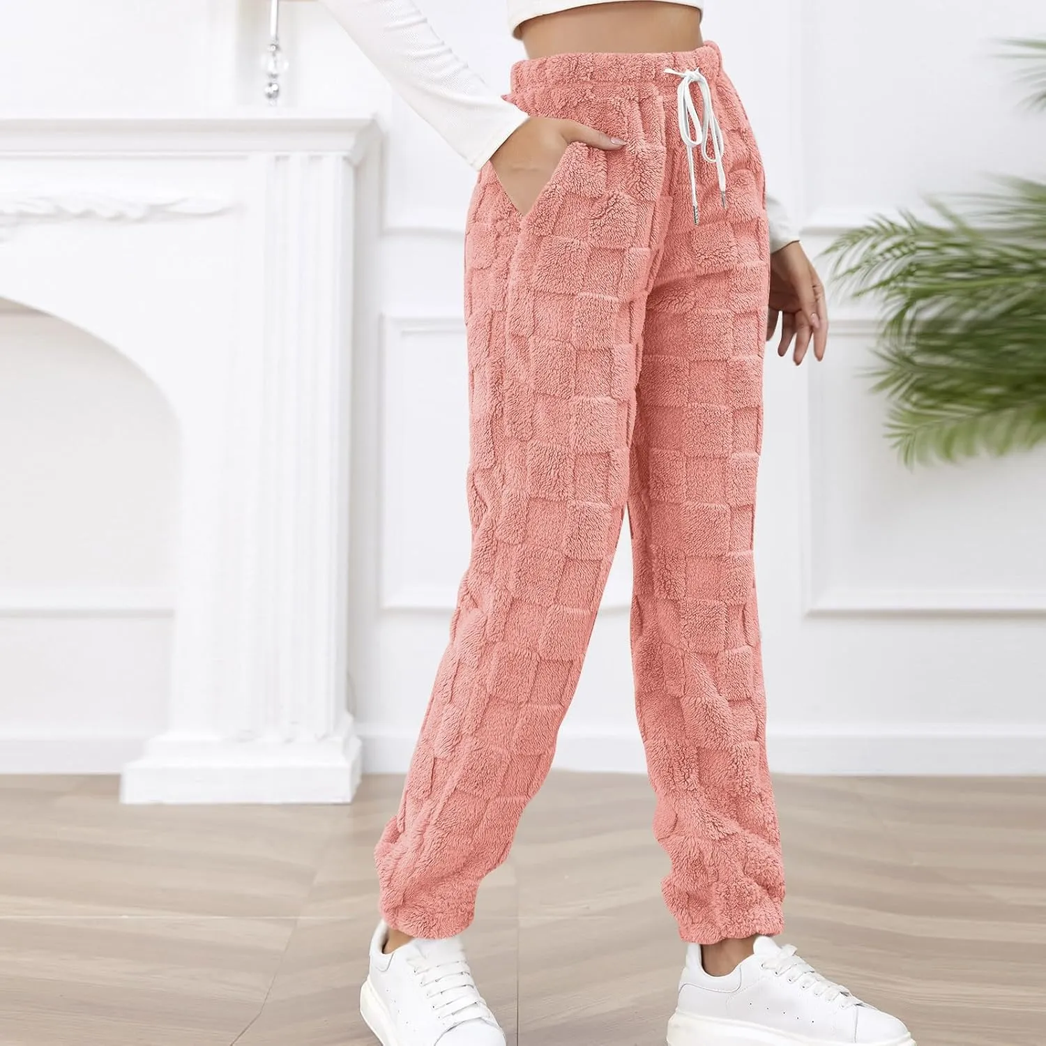 Fuzzy Fluffy Thermal Fleece Pants for Women Lounge Sleepwear Plaid Pajama Pants with Pocket Casual Soft Pants