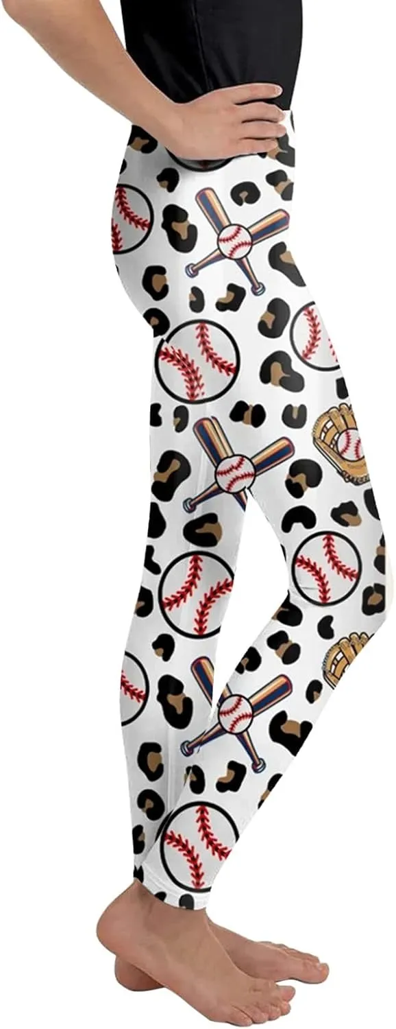 Girls Baseball Print Leggings High Waist Compression Yoga Leggings for Toddler Kids Dance Workout Running Pants