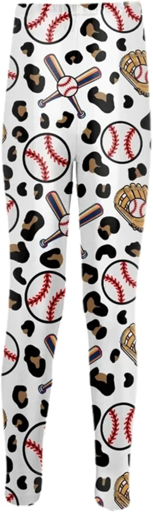 Girls Baseball Print Leggings High Waist Compression Yoga Leggings for Toddler Kids Dance Workout Running Pants