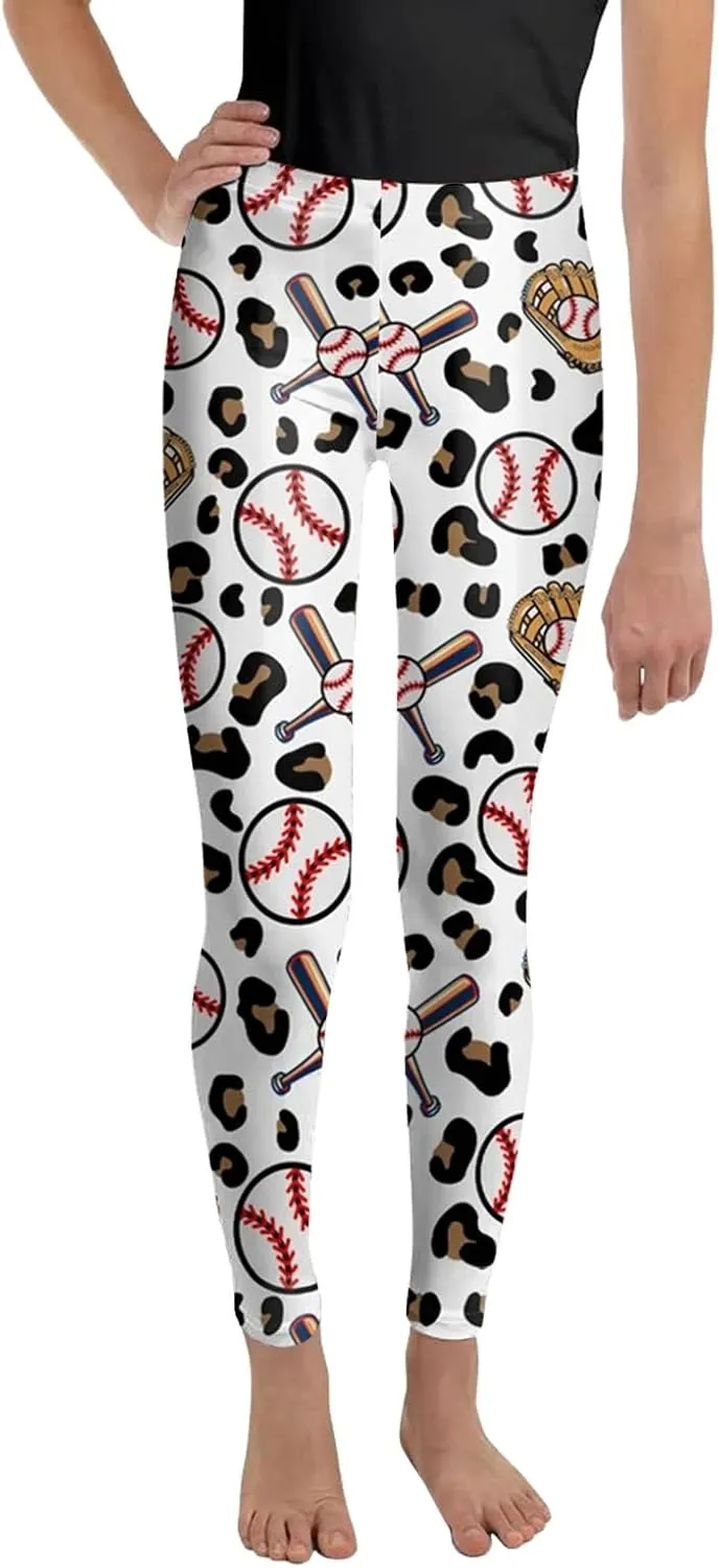 Girls Baseball Print Leggings High Waist Compression Yoga Leggings for Toddler Kids Dance Workout Running Pants