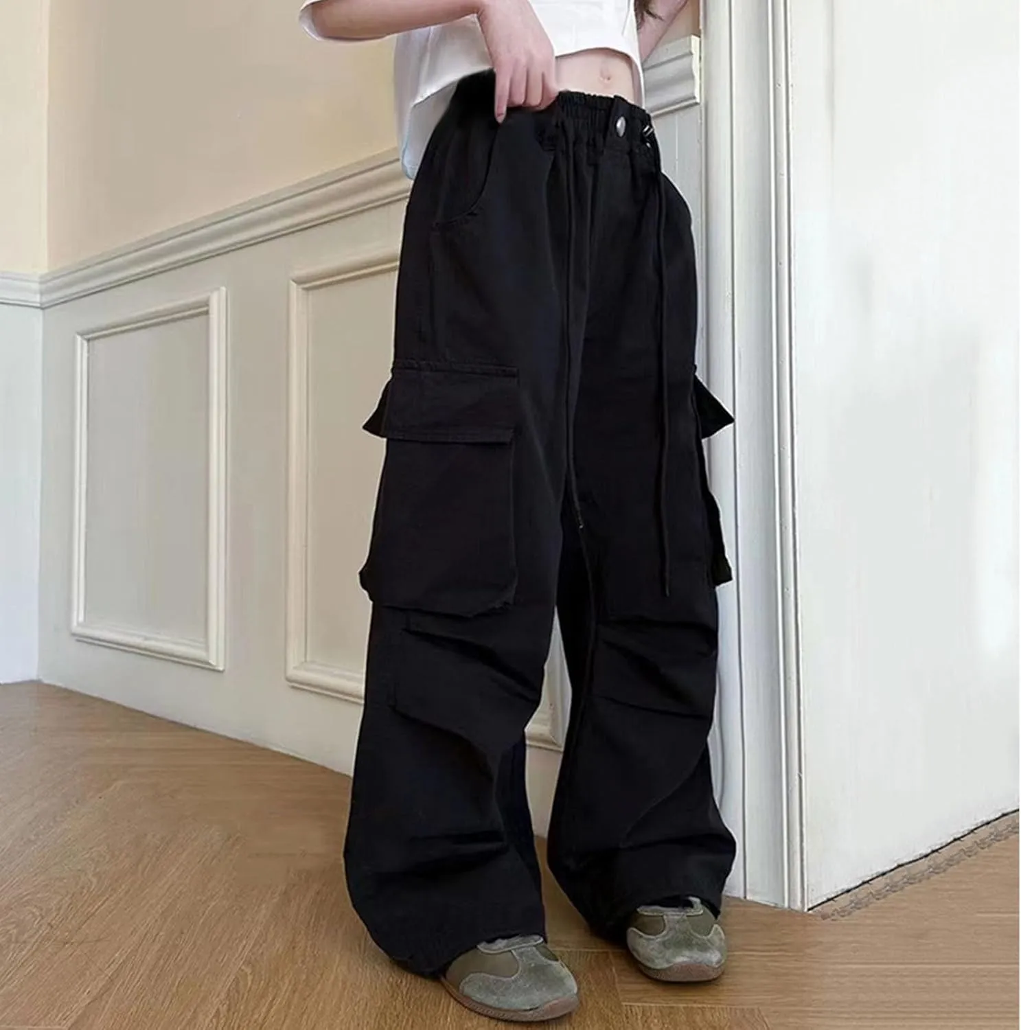 Girls Boys Cargo Pants High Waist Straight Leg Pants Elastic Waist Workout Joggers Kids Hiking Trouser Casual Pant
