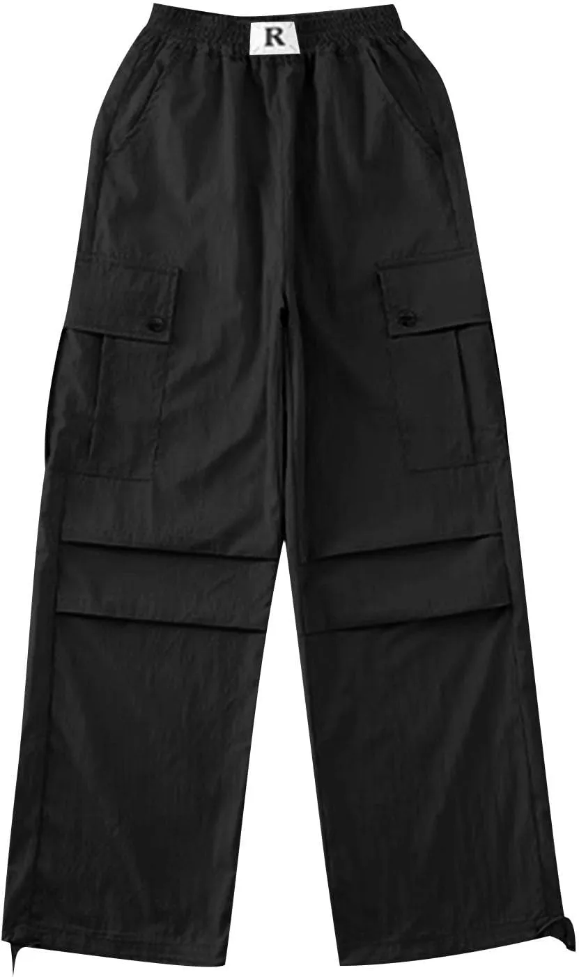 Girls Boys Cargo Pants High Waist Straight Leg Pants Elastic Waist Workout Joggers Kids Hiking Trouser Casual Pant