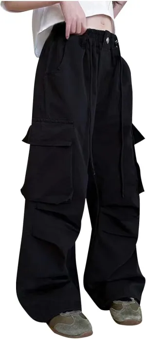 Girls Boys Cargo Pants High Waist Straight Leg Pants Elastic Waist Workout Joggers Kids Hiking Trouser Casual Pant