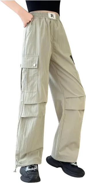 Girls Boys Cargo Pants High Waist Straight Leg Pants Elastic Waist Workout Joggers Kids Hiking Trouser Casual Pant