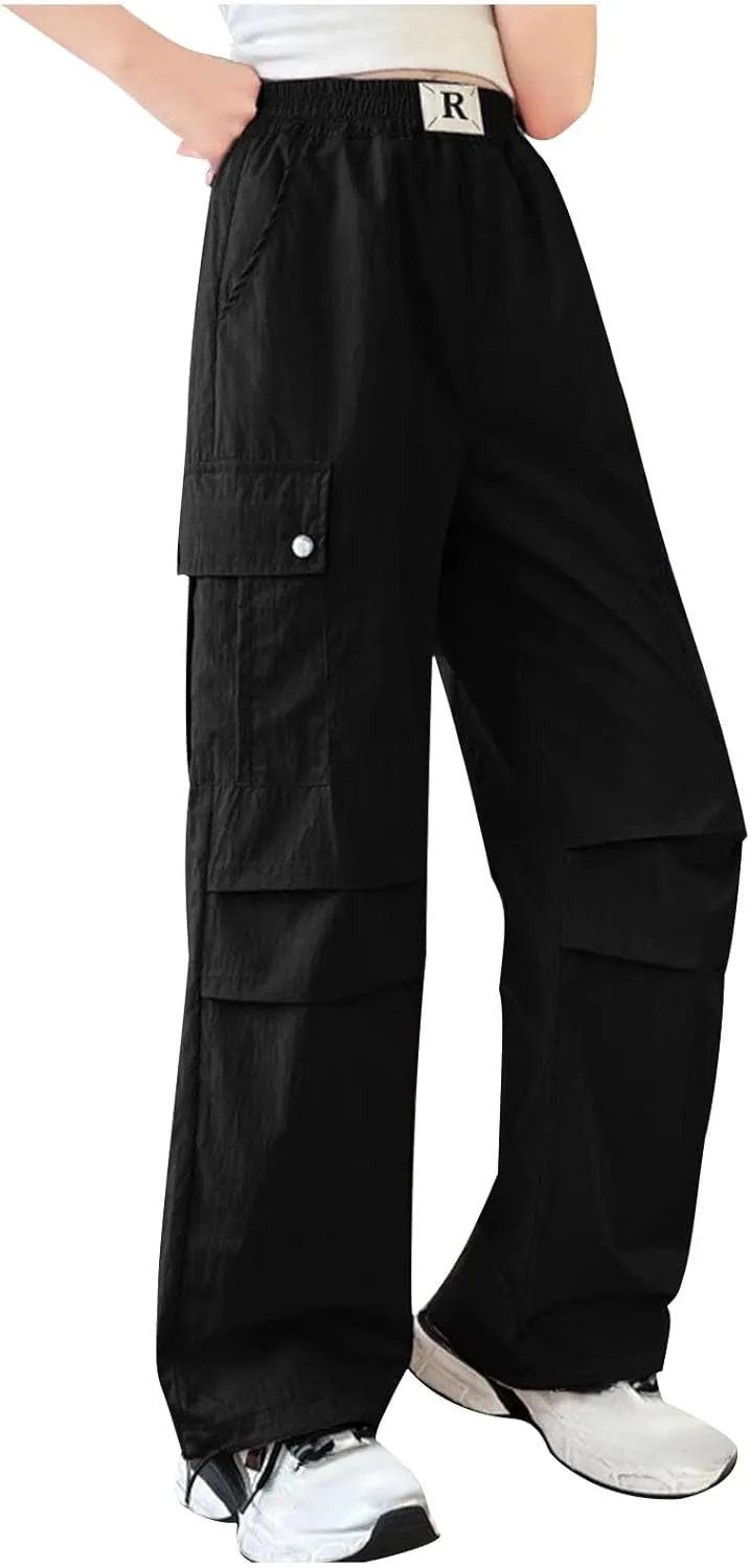 Girls Boys Cargo Pants High Waist Straight Leg Pants Elastic Waist Workout Joggers Kids Hiking Trouser Casual Pant