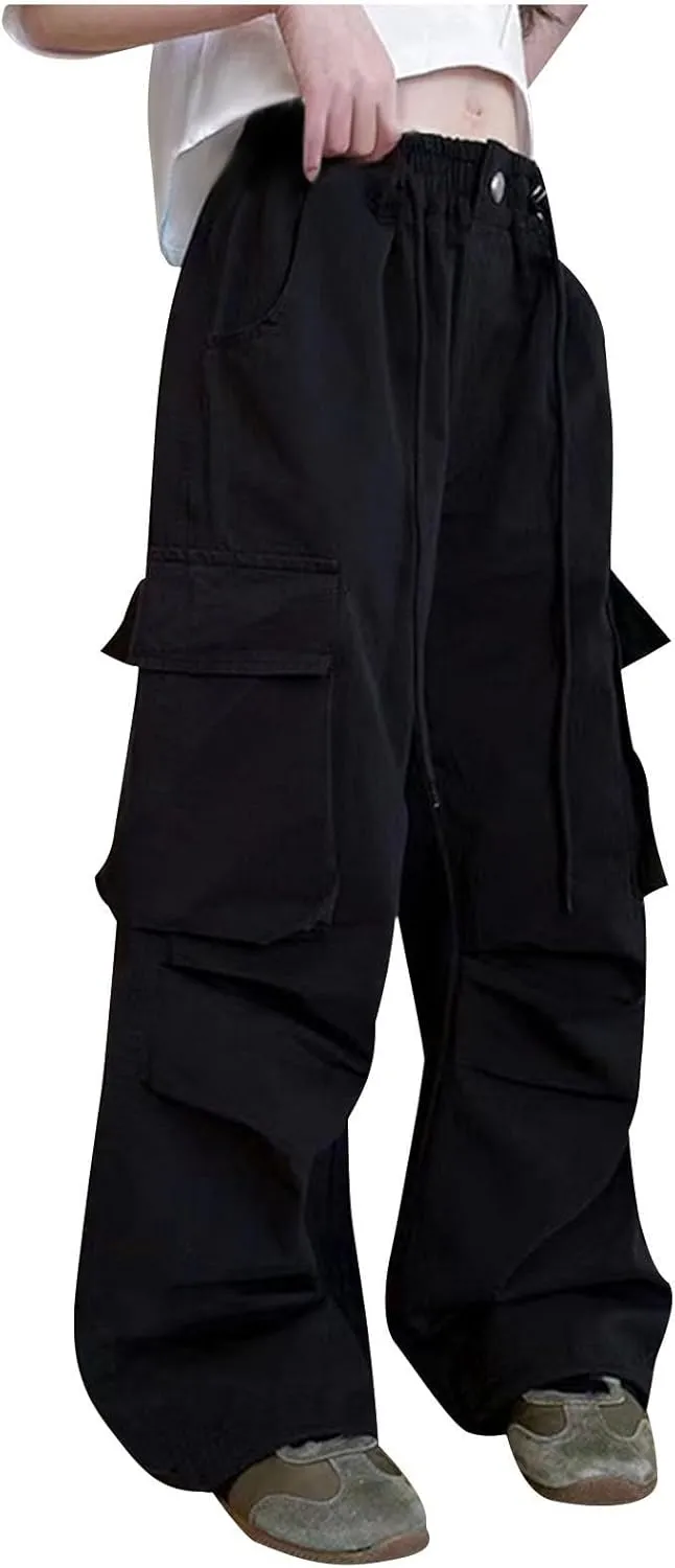 Girls Boys Cargo Pants High Waist Straight Leg Pants Elastic Waist Workout Joggers Kids Hiking Trouser Casual Pant