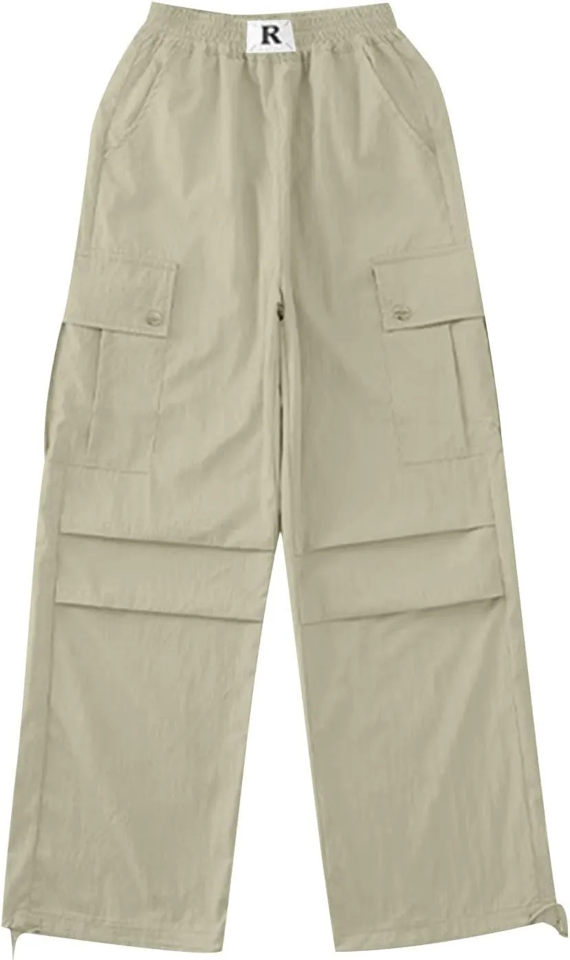 Girls Boys Cargo Pants High Waist Straight Leg Pants Elastic Waist Workout Joggers Kids Hiking Trouser Casual Pant