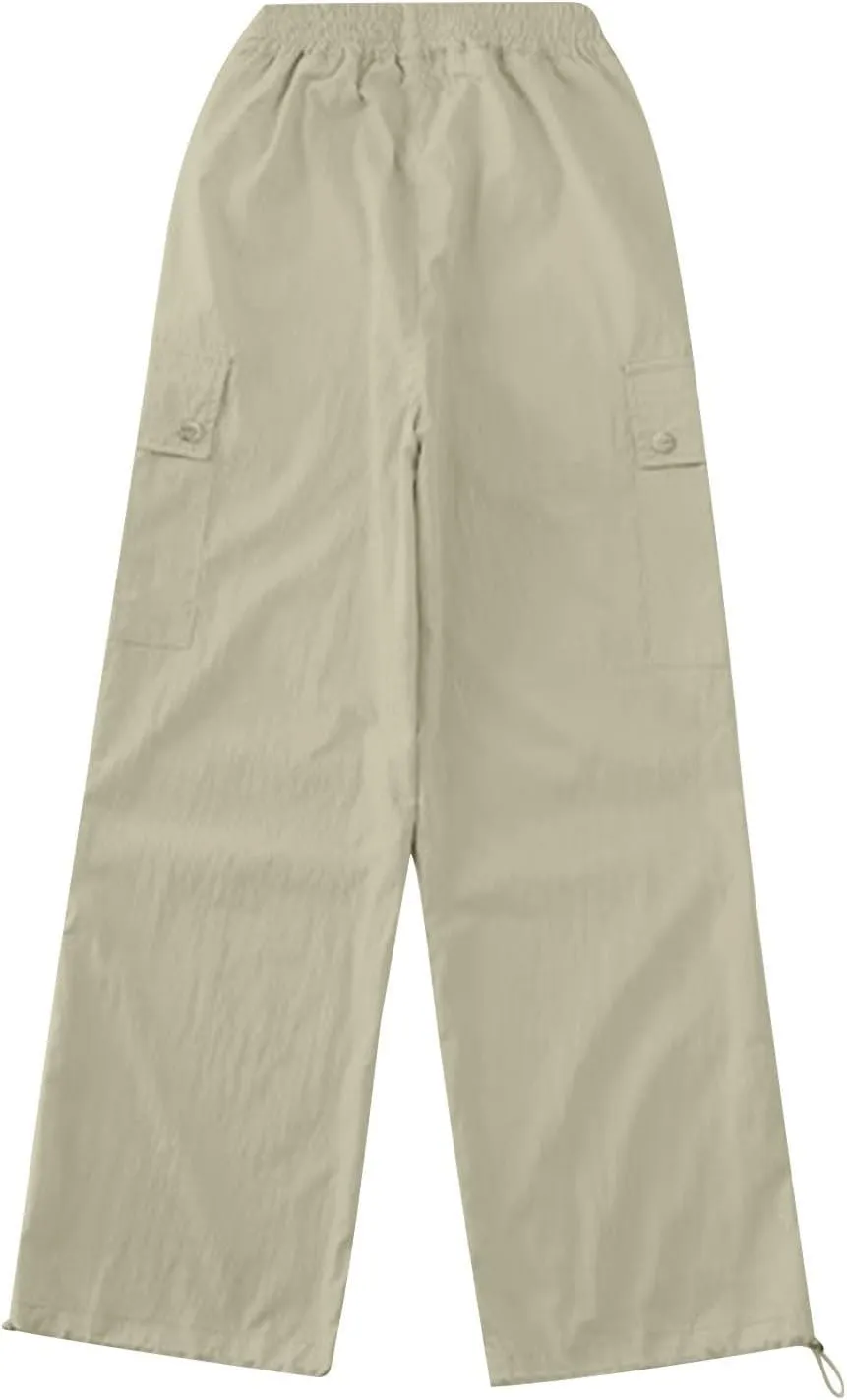 Girls Boys Cargo Pants High Waist Straight Leg Pants Elastic Waist Workout Joggers Kids Hiking Trouser Casual Pant