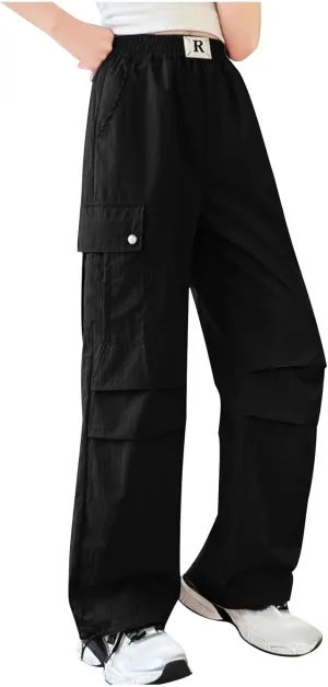 Girls Boys Cargo Pants High Waist Straight Leg Pants Elastic Waist Workout Joggers Kids Hiking Trouser Casual Pant