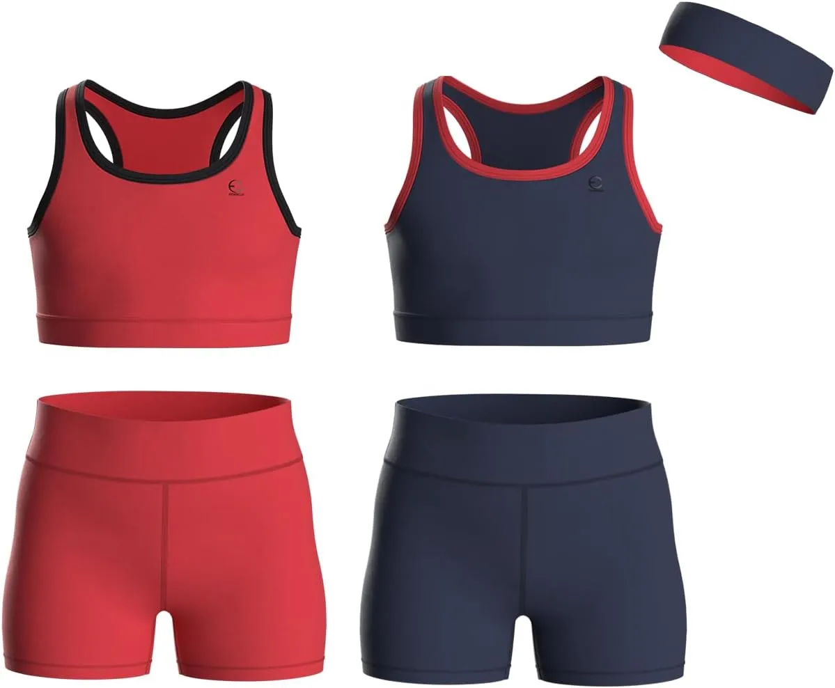 Girls Clothing Athletic Sets Sleeveless Crop Tank Tops & Bike Shorts Cheer, Gymnastics, Volleyball Size 3-16 (5 Pcs)