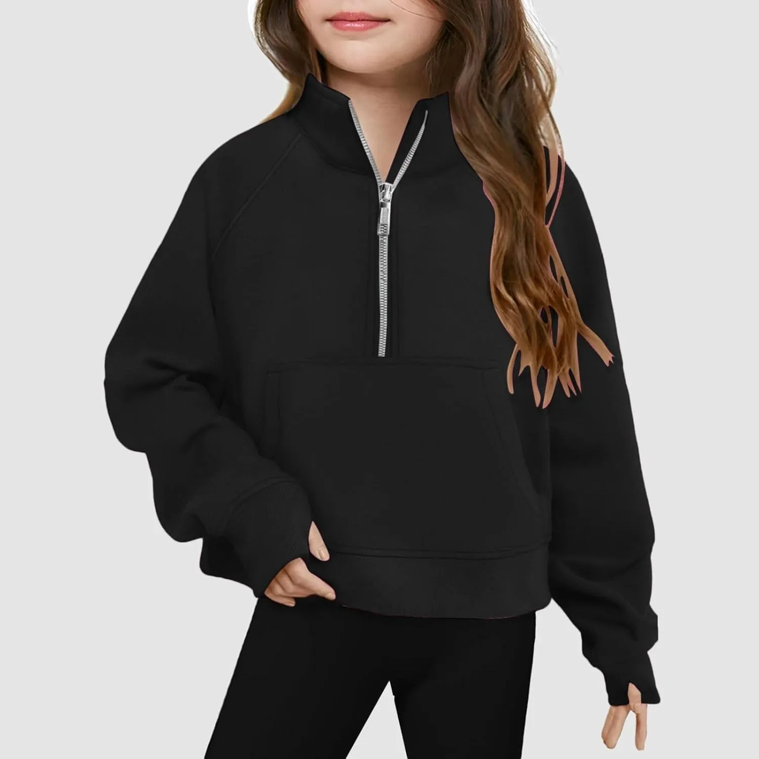 Girls Half Zip Cropped Sweatshirts Long Sleeve Pullover Crop Tops Kids Girls Trendy Preppy Sweatshirt with Thumb Hole