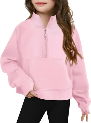Girls Half Zip Cropped Sweatshirts Long Sleeve Pullover Crop Tops Kids Girls Trendy Preppy Sweatshirt with Thumb Hole
