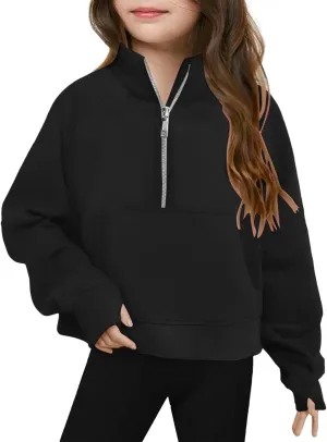 Girls Half Zip Cropped Sweatshirts Long Sleeve Pullover Crop Tops Kids Girls Trendy Preppy Sweatshirt with Thumb Hole