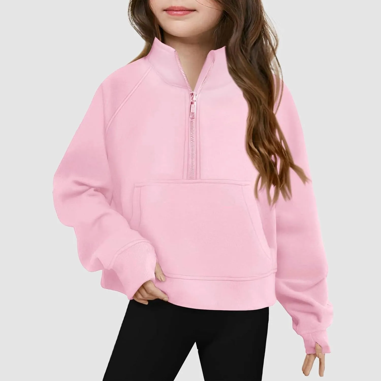 Girls Half Zip Cropped Sweatshirts Long Sleeve Pullover Crop Tops Kids Girls Trendy Preppy Sweatshirt with Thumb Hole