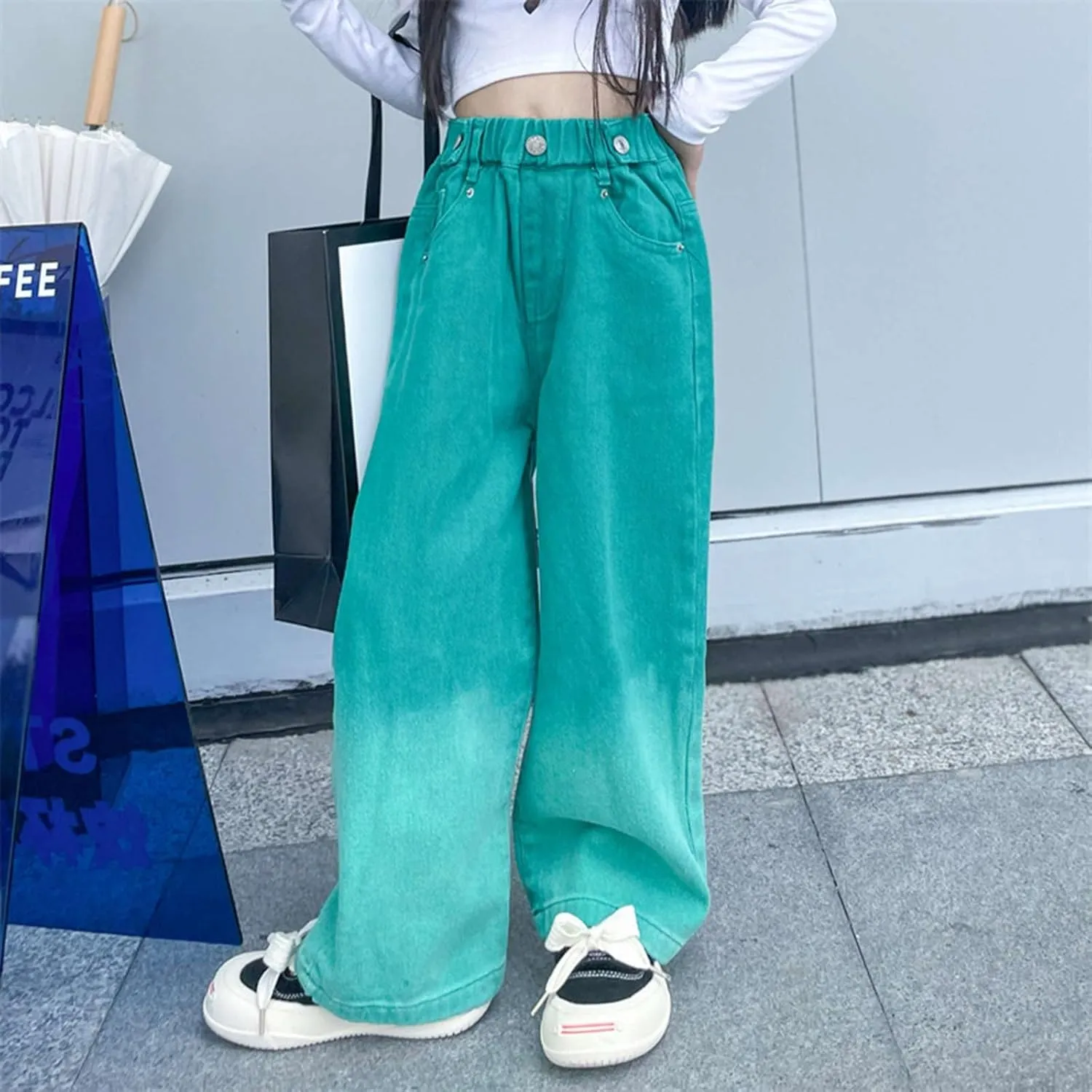 Girl's High Waisted Solid Straight Leg Jeans Casual Loose Denim Pants, Girls Casual Wide Leg Jeans