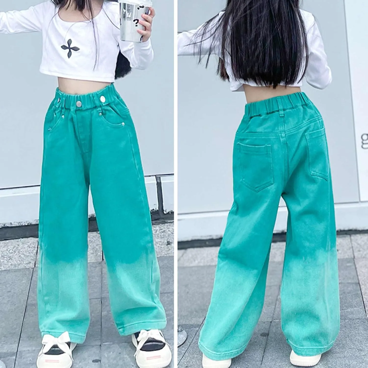 Girl's High Waisted Solid Straight Leg Jeans Casual Loose Denim Pants, Girls Casual Wide Leg Jeans
