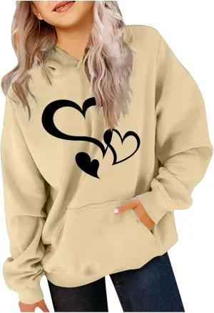 Girls Valentine Hoodies Oversized Funny Heart Print Sweatshirt Top Long Sleeve Cute Teen Girls Trendy Outfits