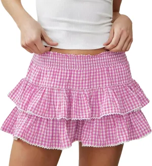 Halloween Skirts for Women Lace Hem Ruffle Pleated Gingham A-line Plaid Mini Skirt Cosplay Costume