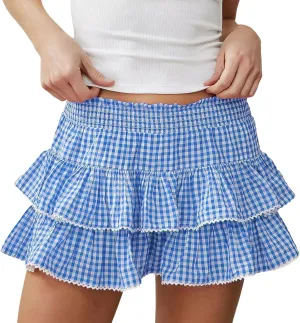 Halloween Skirts for Women Lace Hem Ruffle Pleated Gingham A-line Plaid Mini Skirt Cosplay Costume
