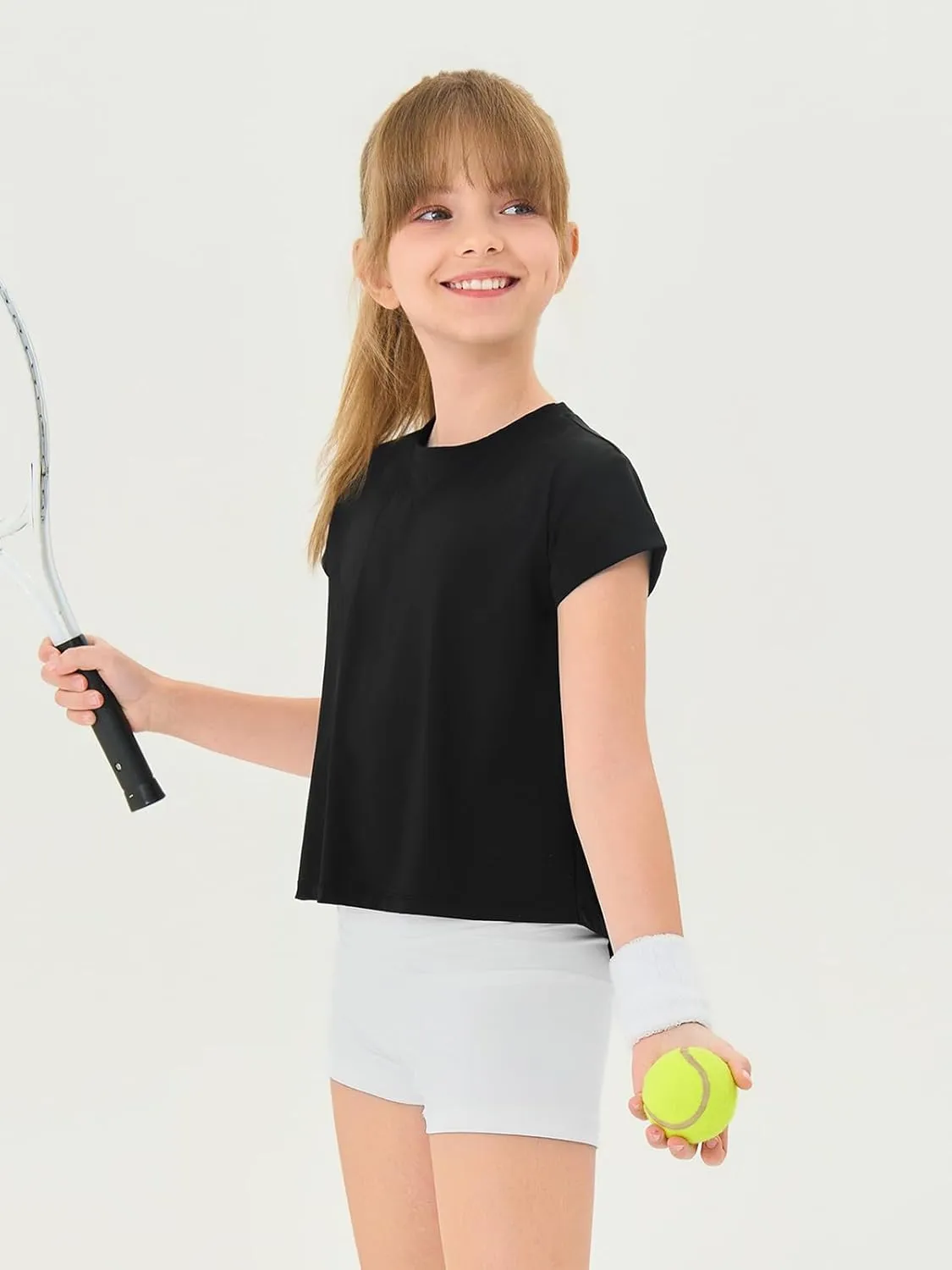 Haloumoning Girls Loose Athletic Shirts Short Sleeve Crop Tops Kids Quick Dry Gym Yoga Tees 5-14 Years
