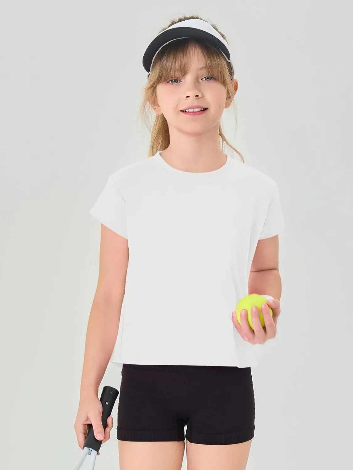 Haloumoning Girls Loose Athletic Shirts Short Sleeve Crop Tops Kids Quick Dry Gym Yoga Tees 5-14 Years