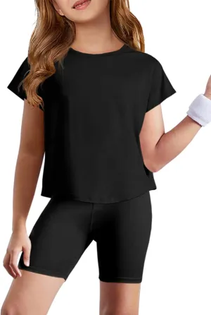 Haloumoning Girls Loose Athletic Shirts Short Sleeve Crop Tops Kids Quick Dry Gym Yoga Tees 5-14 Years