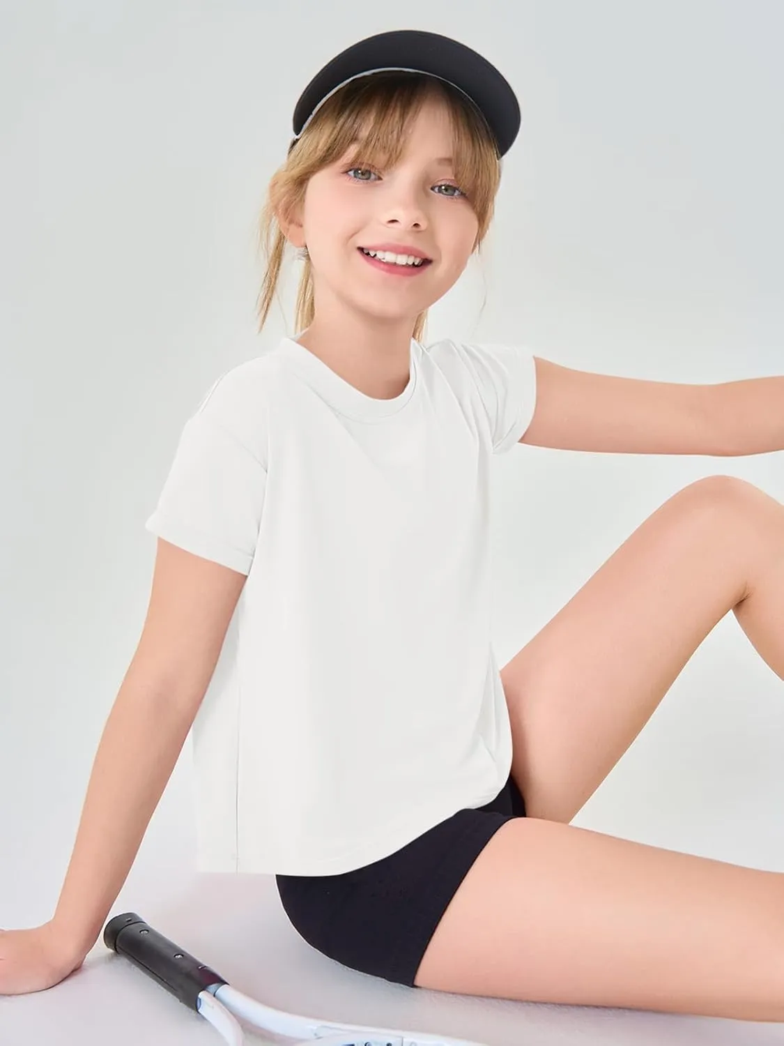 Haloumoning Girls Loose Athletic Shirts Short Sleeve Crop Tops Kids Quick Dry Gym Yoga Tees 5-14 Years