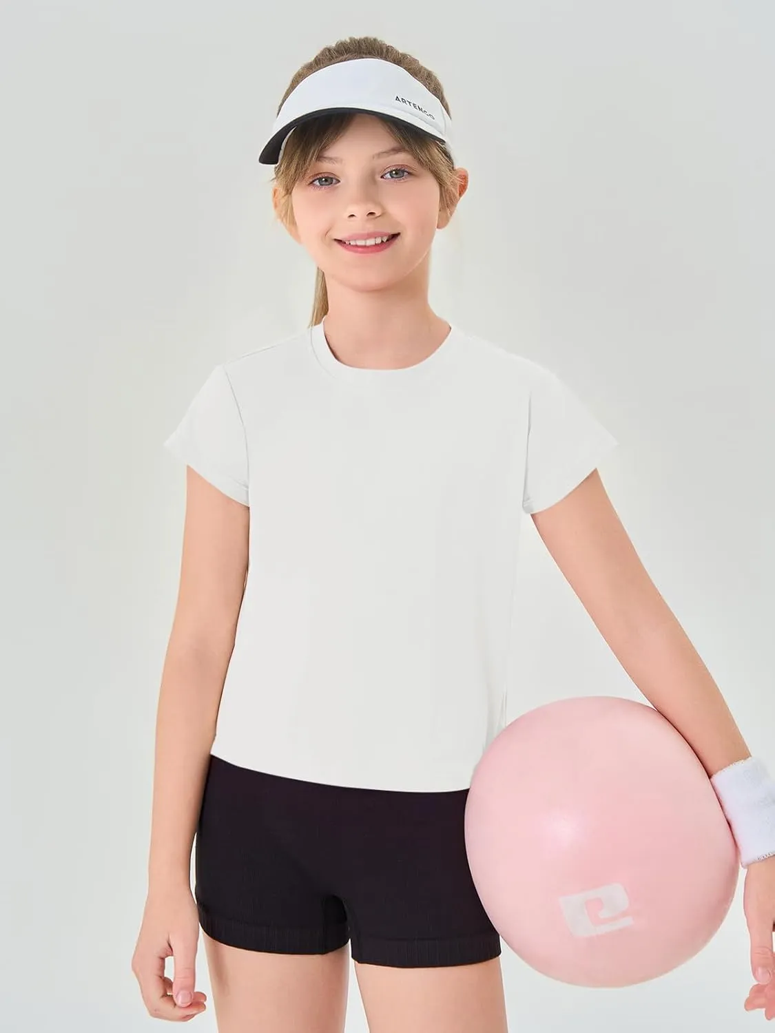 Haloumoning Girls Loose Athletic Shirts Short Sleeve Crop Tops Kids Quick Dry Gym Yoga Tees 5-14 Years