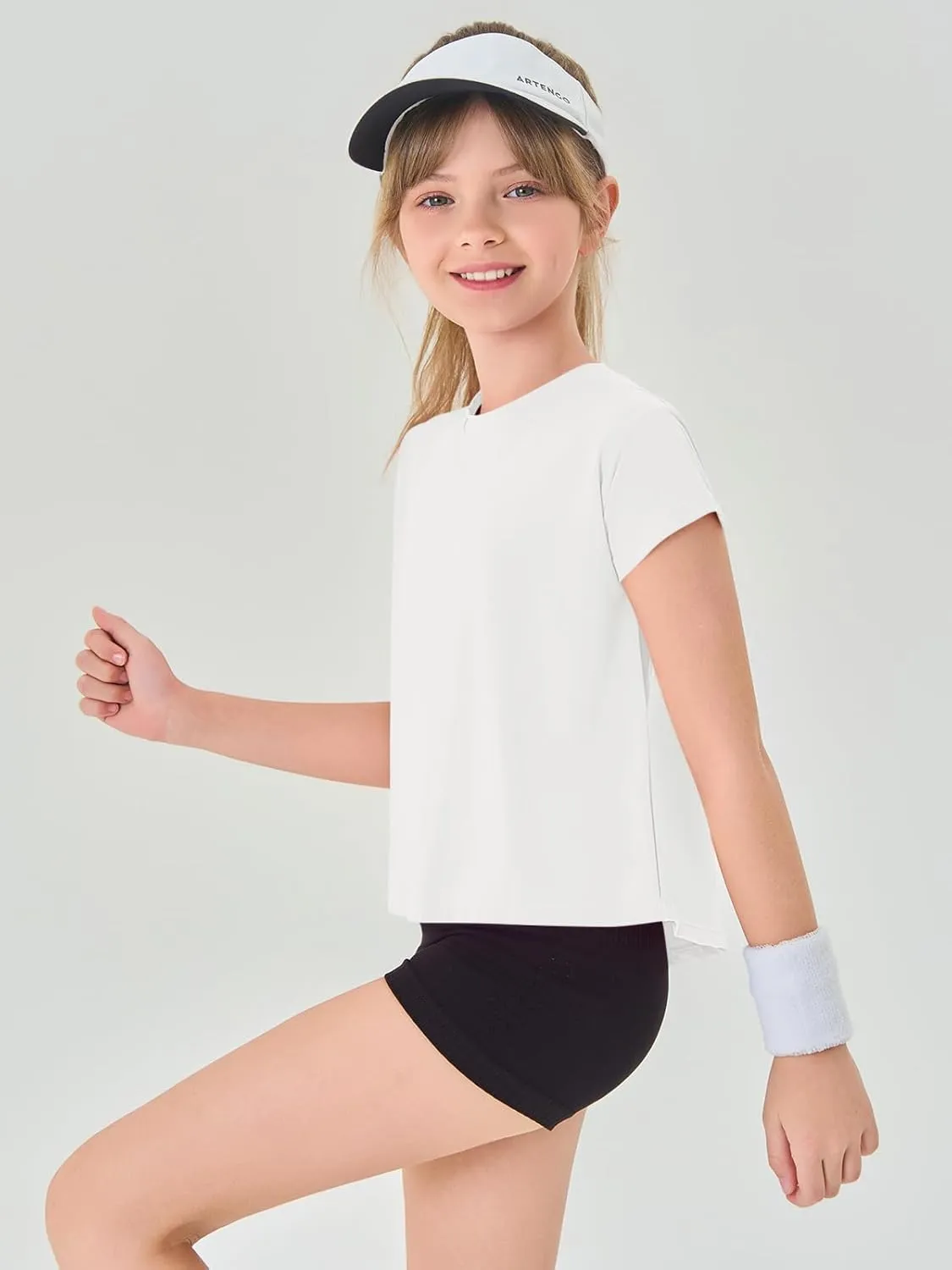 Haloumoning Girls Loose Athletic Shirts Short Sleeve Crop Tops Kids Quick Dry Gym Yoga Tees 5-14 Years