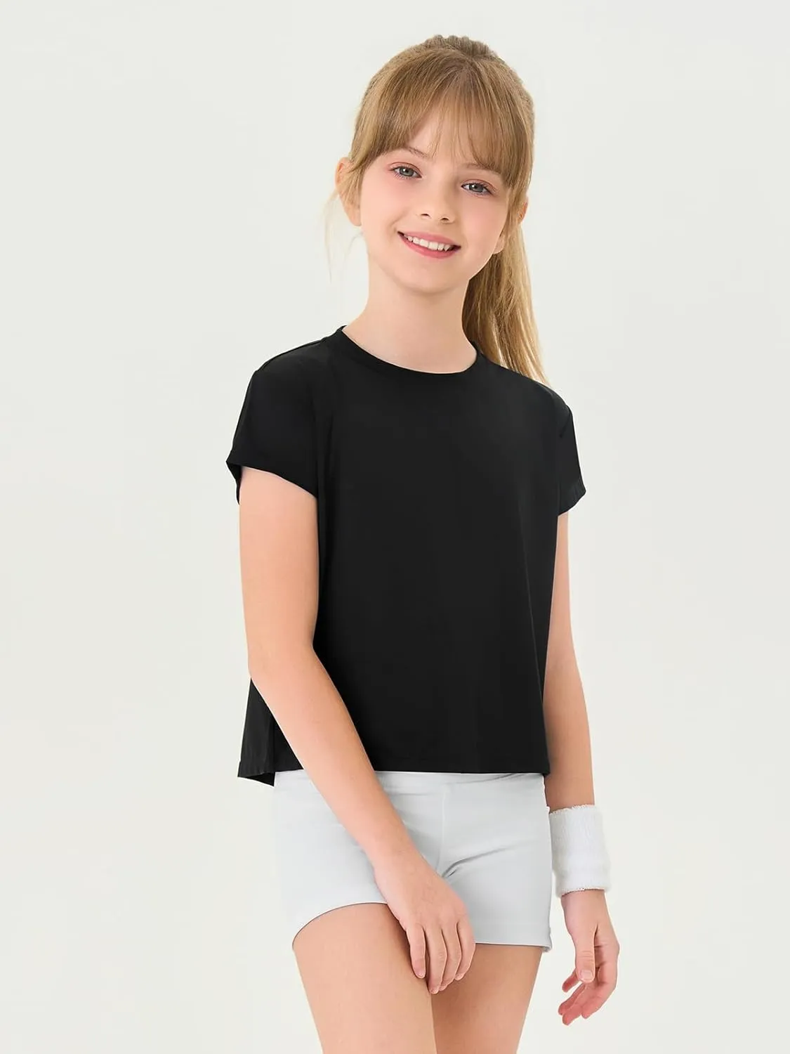 Haloumoning Girls Loose Athletic Shirts Short Sleeve Crop Tops Kids Quick Dry Gym Yoga Tees 5-14 Years