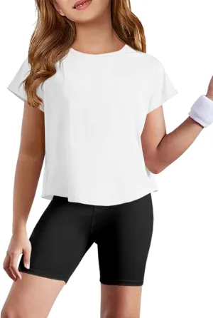 Haloumoning Girls Loose Athletic Shirts Short Sleeve Crop Tops Kids Quick Dry Gym Yoga Tees 5-14 Years