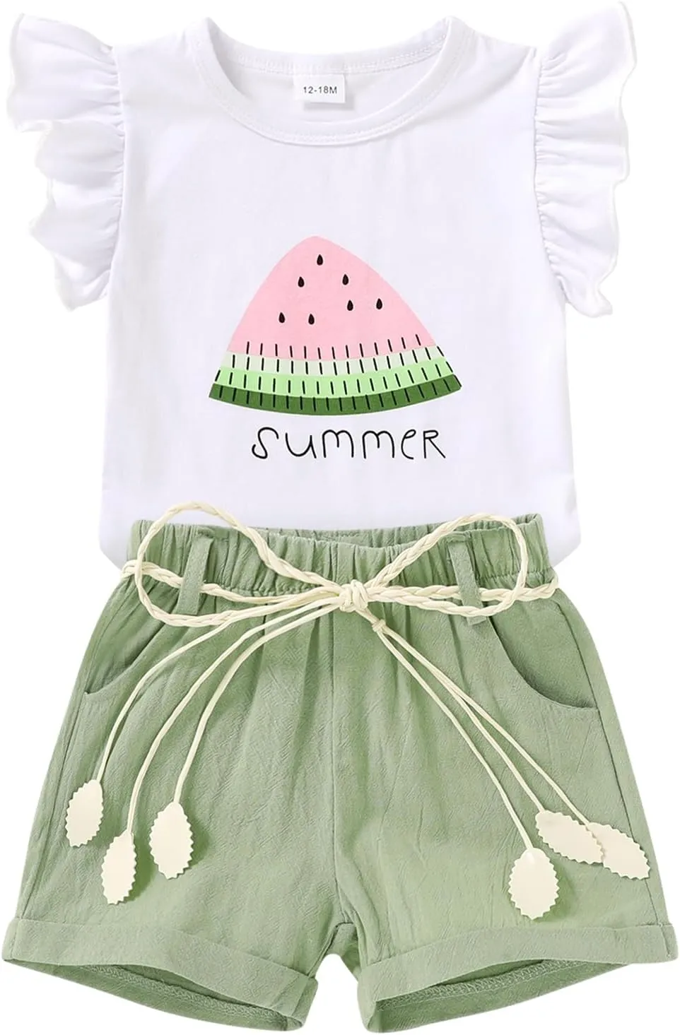 Happy Town Toddler Baby Girl Summer Clothes Ruffle Sleeve Cartoon T Shirt Linen Short Sets with Belt Cute Outfits