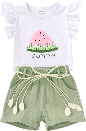 Happy Town Toddler Baby Girl Summer Clothes Ruffle Sleeve Cartoon T Shirt Linen Short Sets with Belt Cute Outfits