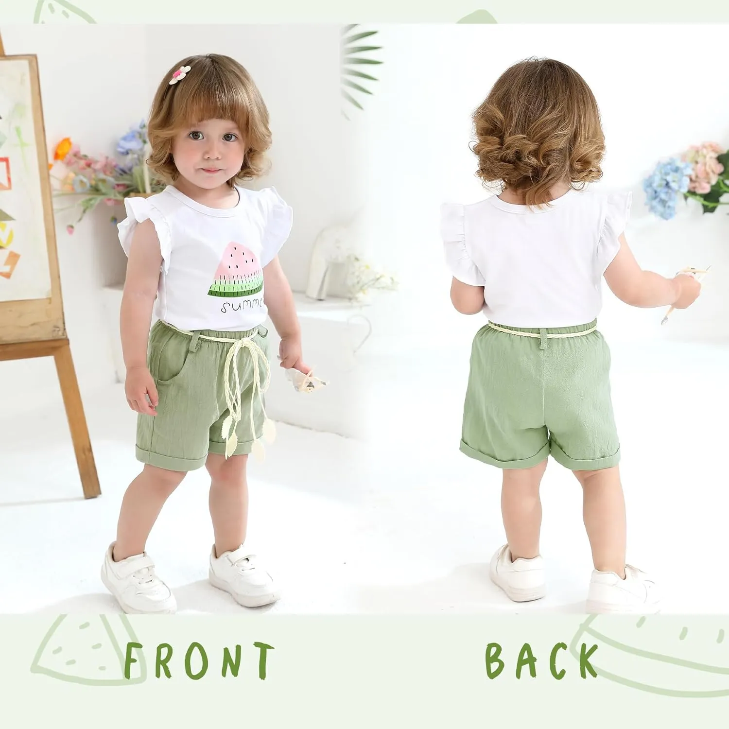 Happy Town Toddler Baby Girl Summer Clothes Ruffle Sleeve Cartoon T Shirt Linen Short Sets with Belt Cute Outfits