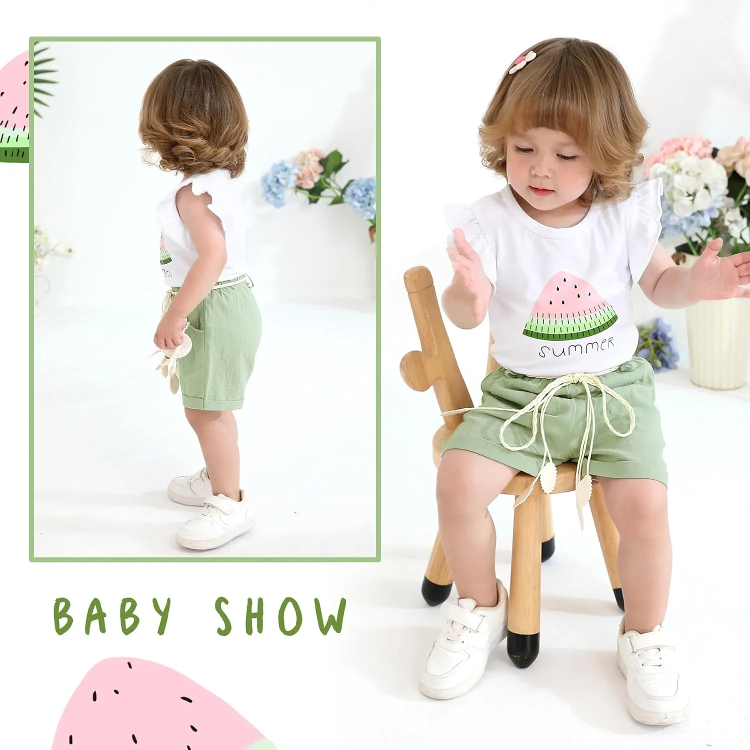 Happy Town Toddler Baby Girl Summer Clothes Ruffle Sleeve Cartoon T Shirt Linen Short Sets with Belt Cute Outfits