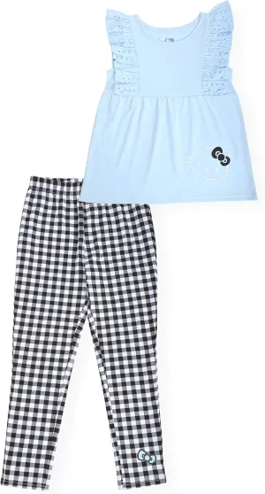 Hello Kitty Girls 2-Piece Fashion Tee Shirt and Active Capri Legging Set Ruffle Top and Stretch Pants for Little Girls