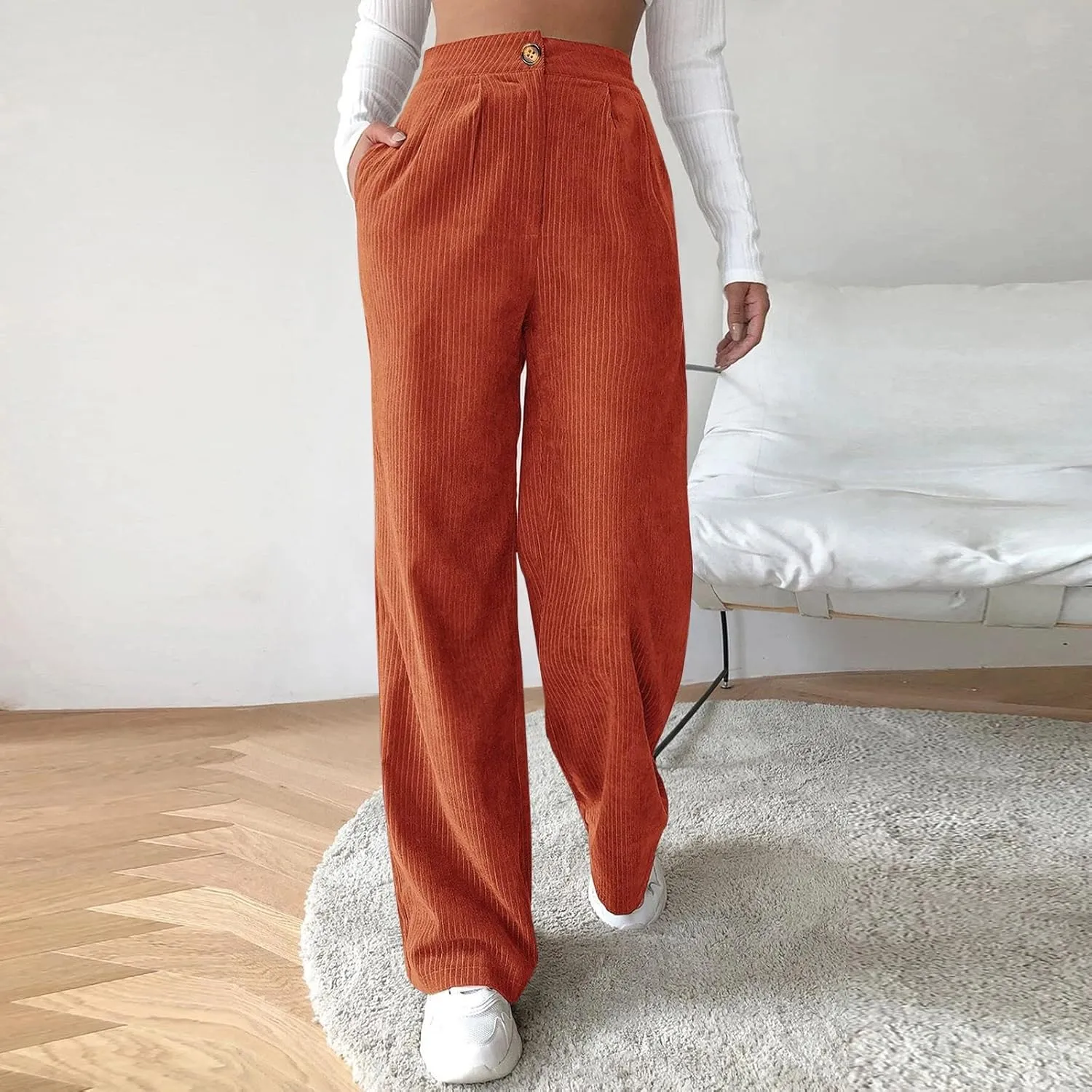 High Waist Cord Wide Leg Pants Straight Trousers Women Big Size Corduroy Pants Womens Clothes Plus Size
