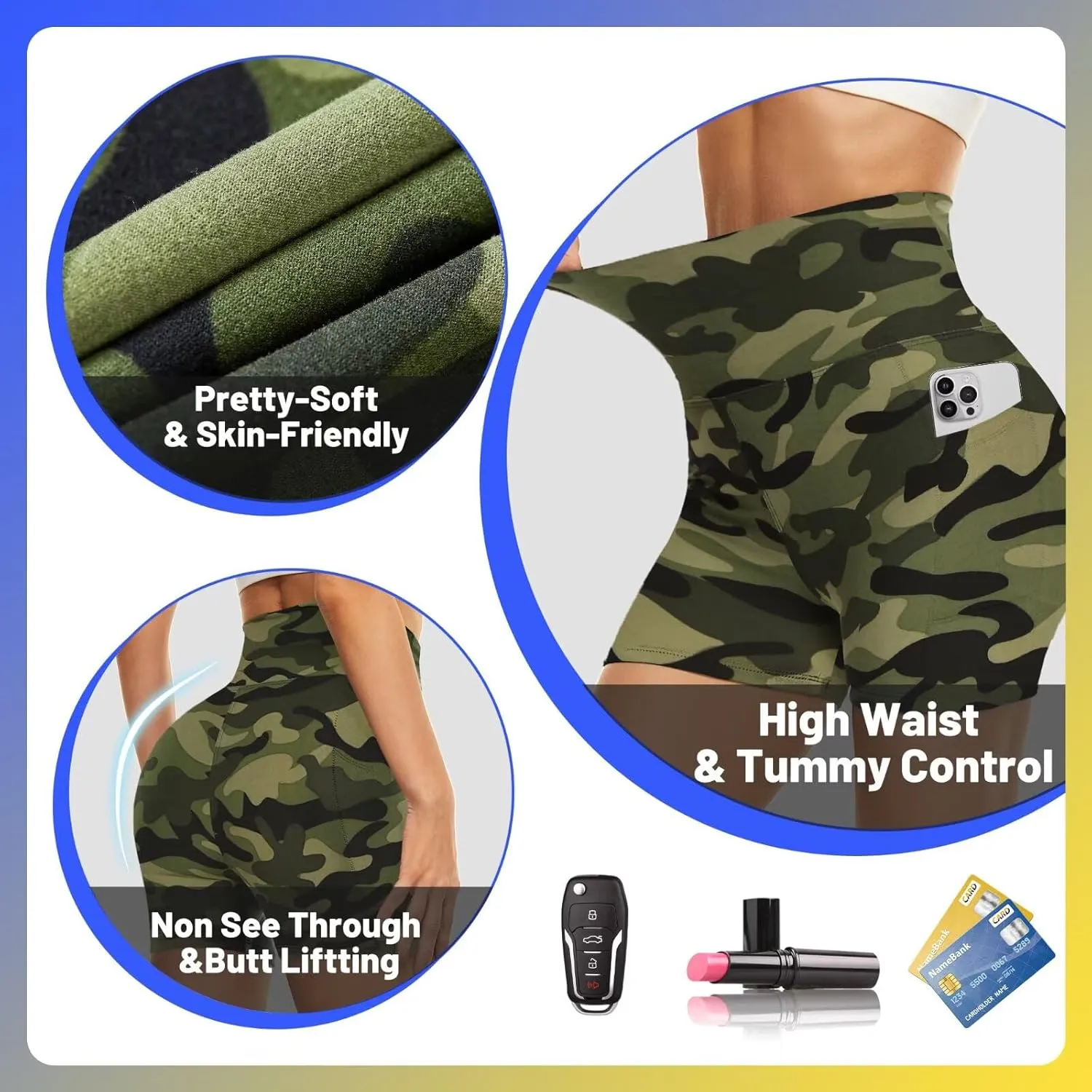 HIGHDAYS 5 Biker Shorts for Women with Pockets-High Waist Tummy Control Spandex Workout Yoga Running Gym Activewear