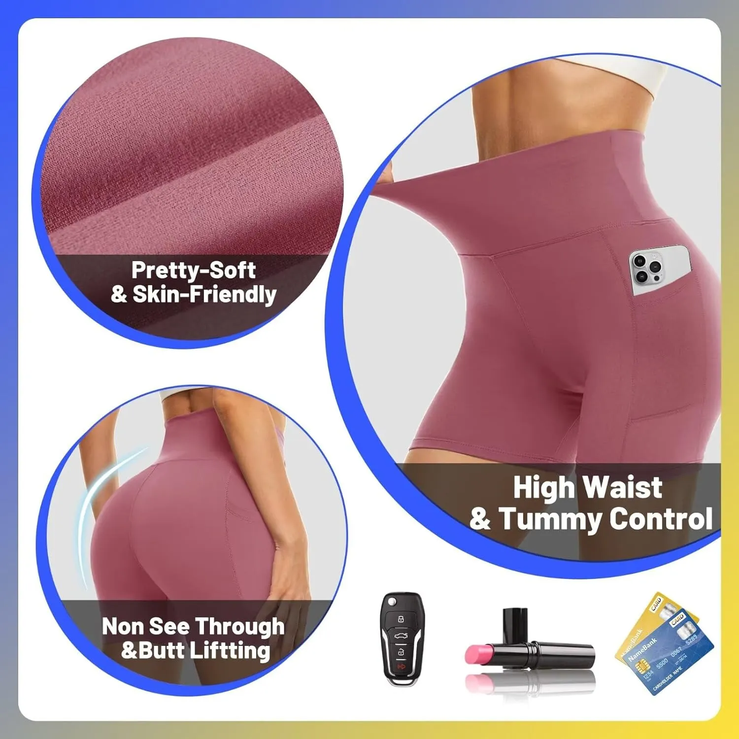 HIGHDAYS 5 Biker Shorts for Women with Pockets-High Waist Tummy Control Spandex Workout Yoga Running Gym Activewear