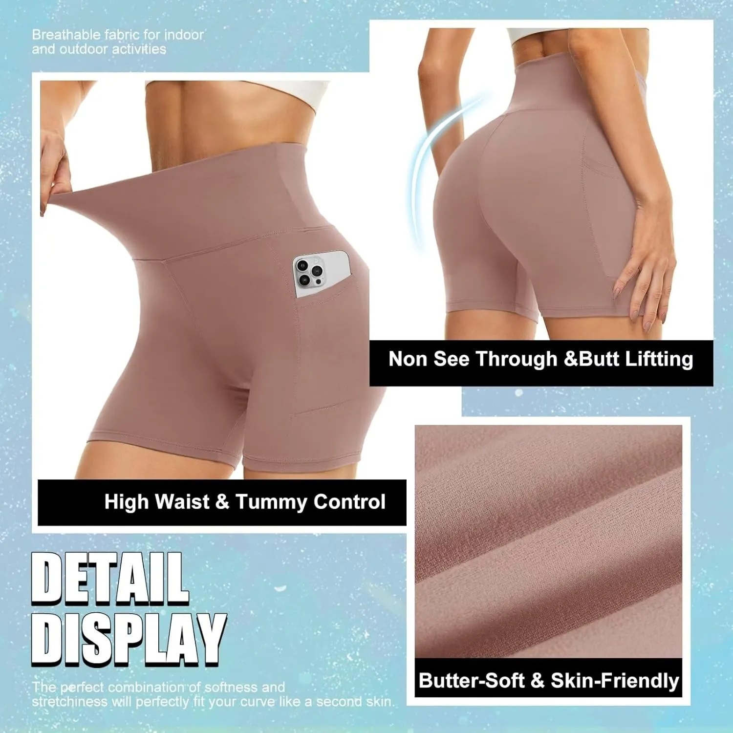 HIGHDAYS 5 Biker Shorts for Women with Pockets-High Waist Tummy Control Spandex Workout Yoga Running Gym Activewear