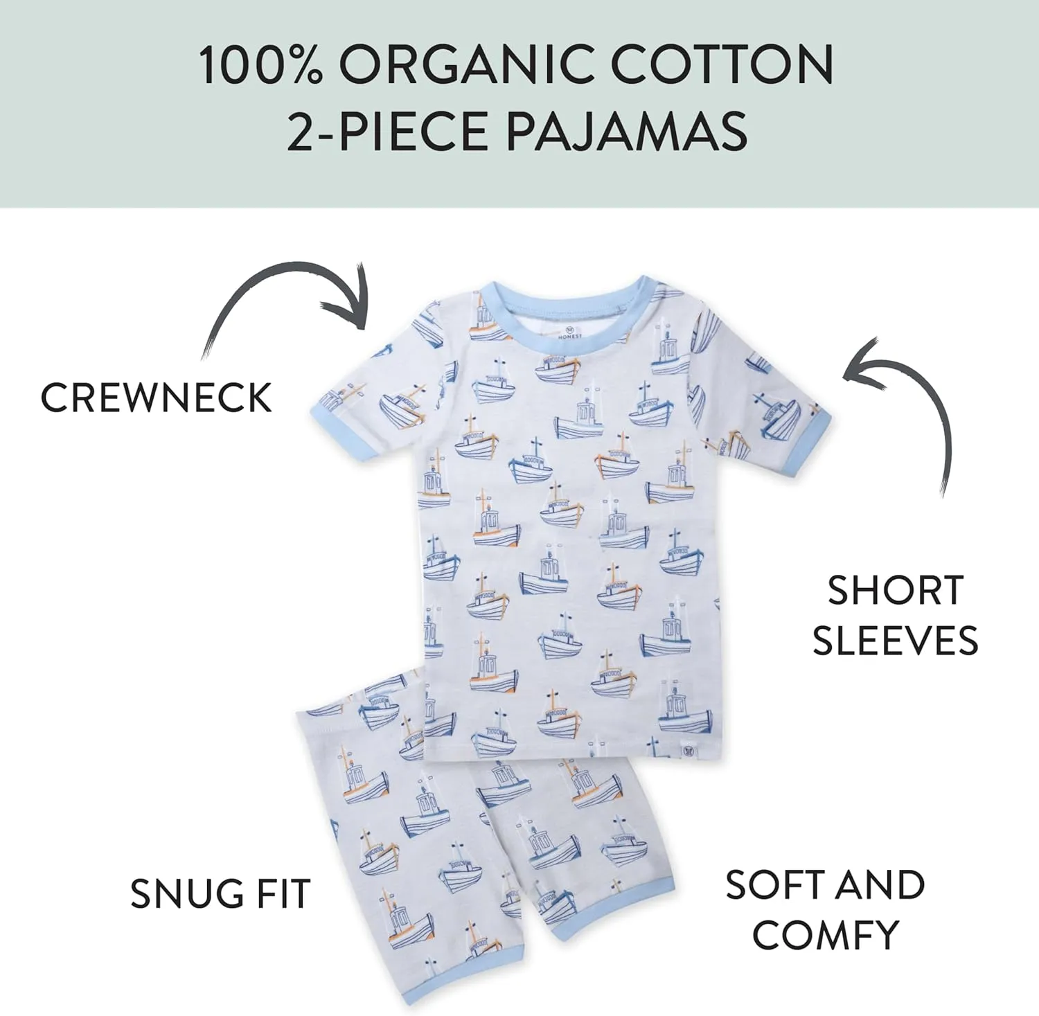 HonestBaby 2-Pack Short Sleeve Pajamas 100% Organic Cotton for Baby Boys, Unisex